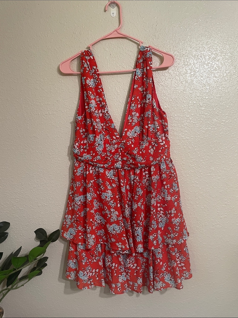 Vici Red Floral V-Neck Tiered mini dress
